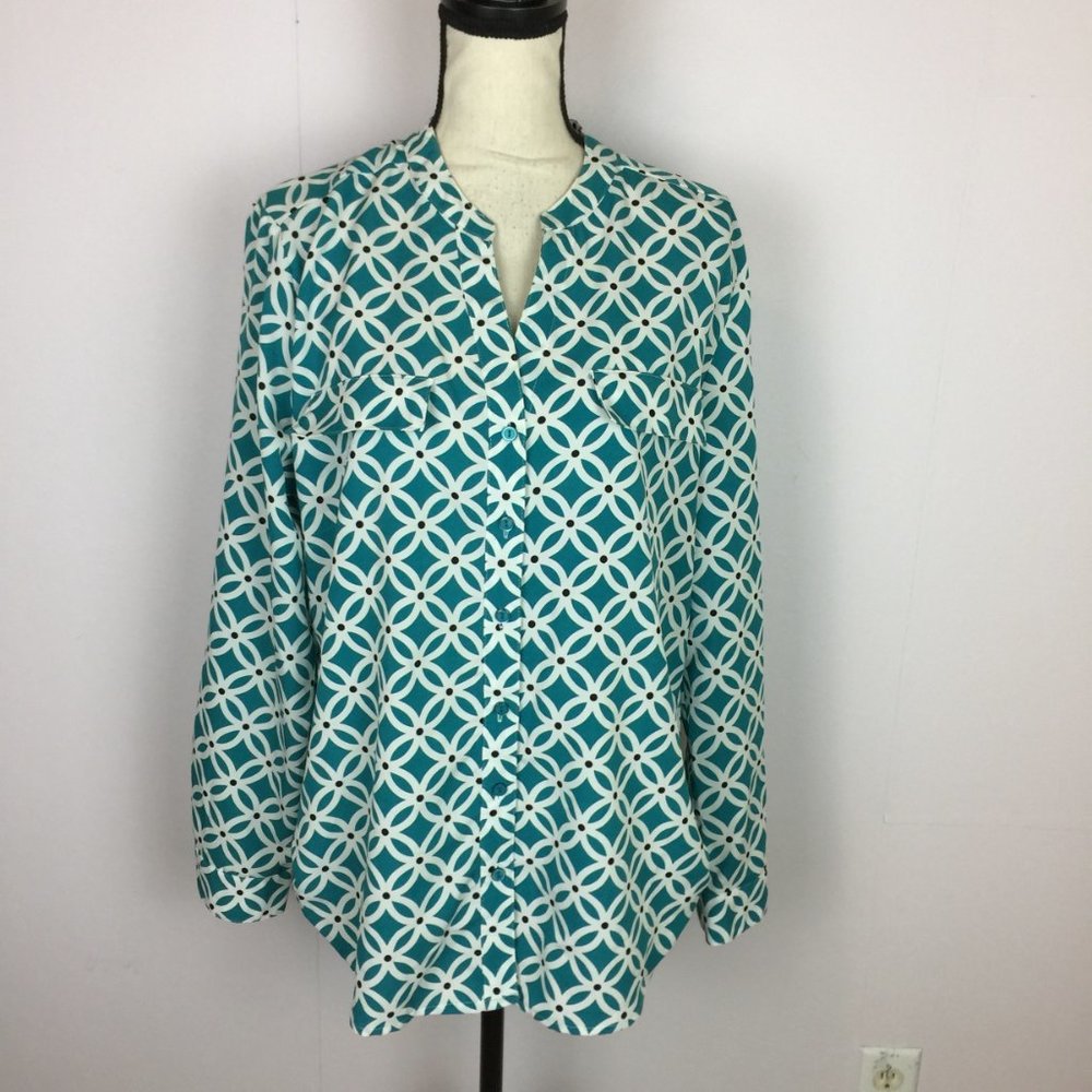 NY Collection Button Shirt Blouse Size L Womans Blue White Floral Long Sleeve